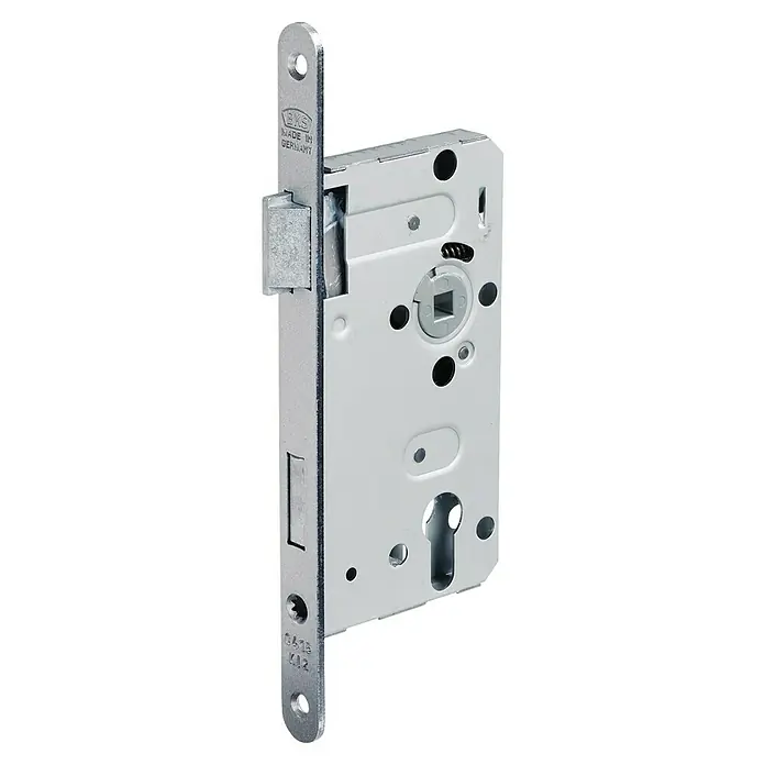 Bks Einsteckschloss 00415 - Links, Dornmaß: 55 mm, Distanznorm: 72 mm, Stulpbreite: 20 mm - Nahaufnahme eines BKS-Türschlosses aus Metall mit verschiedenen Aussparungen und dem Schriftzug "Made in Germany".