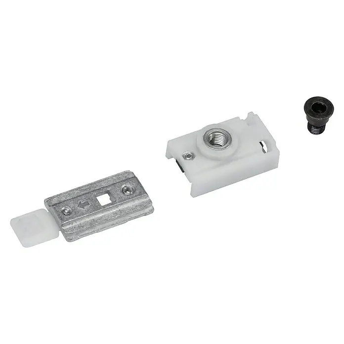 dormakaba Türfeststeller - Silber, Eloxiert, Passend für: Gleitschiene G-N (TS 91/92/93) - Nahaufnahme von Fensterbefestigungs-Hardware mit Schraube, Halterung und Montageelement.