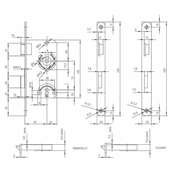 Bks Einsteckschloss 00215 - Links, Dornmaß: 55 mm, Distanznorm: 78 mm, Stulpbreite: 20 mm - Technische Zeichnung eines Türschlosses mit detaillierten Maßangaben.