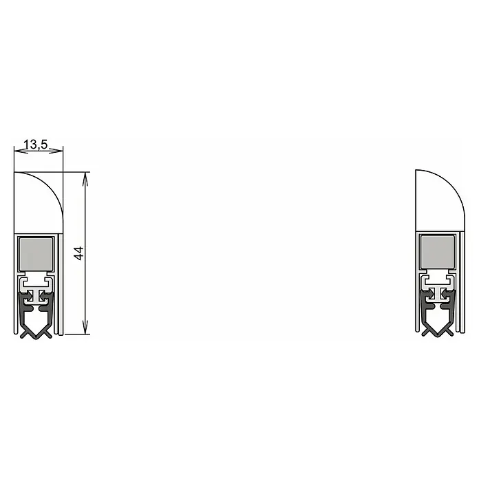 Athmer Türdichtung Wind-Ex - L x B x H: 860 x 13,5 x 44 mm, Farbe: Silber - Detailansicht einer Türdichtung mit Maßen. Die Türdichtung ist detailliert dargestellt, inklusive der Bemaßung mit 44 mm Höhe und 13,5 mm Breite.