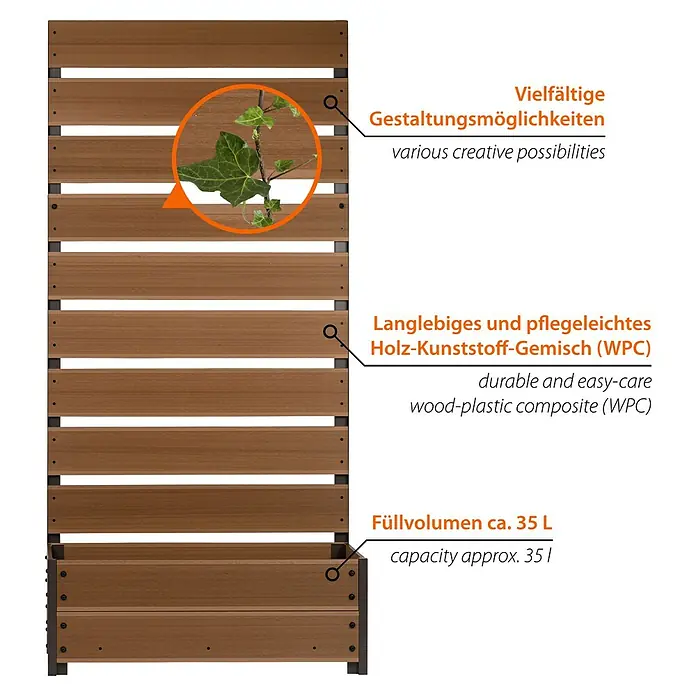 Dobar Pflanzkasten - Außenmaß (L x B x H): 72 x 33 x 137 cm, Verbundwerkstoff, Teak - Bild eines horizontalen Holzpaneel-Sichtschutzzauns mit üppigem Efeu, ideal für Privatsphäre im Garten oder auf der Terrasse.