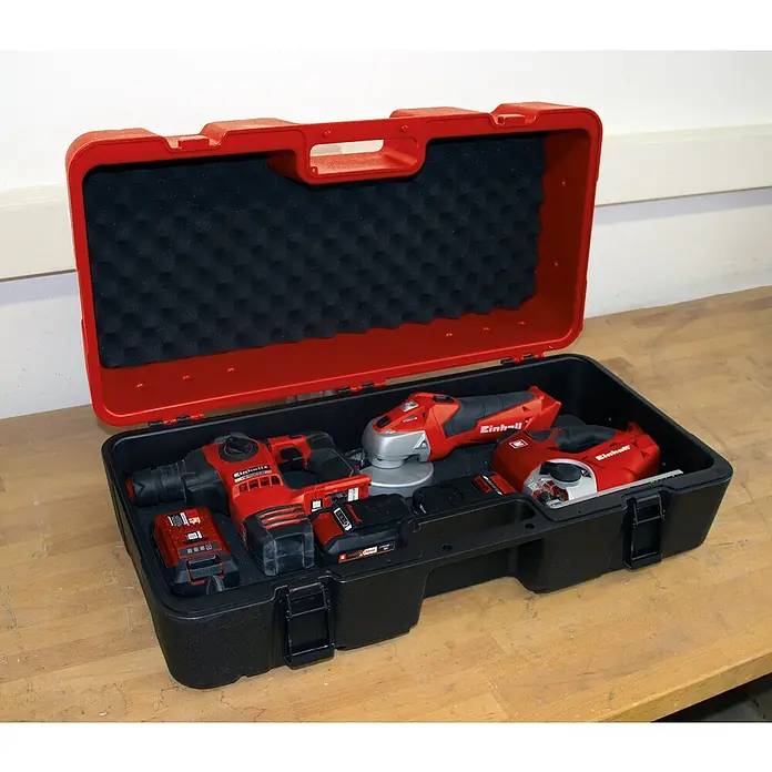 Einhell Werkzeugkoffer E-Box L70/35 - L x B x H: 70 x 25 x 35 cm, Traglast: 50 kg - Werkzeugkoffer mit Einhell Werkzeugen. Der Koffer enthält Bohrmaschine, Winkelschleifer und Stichsäge, alles in Rot und Schwarz gehalten.