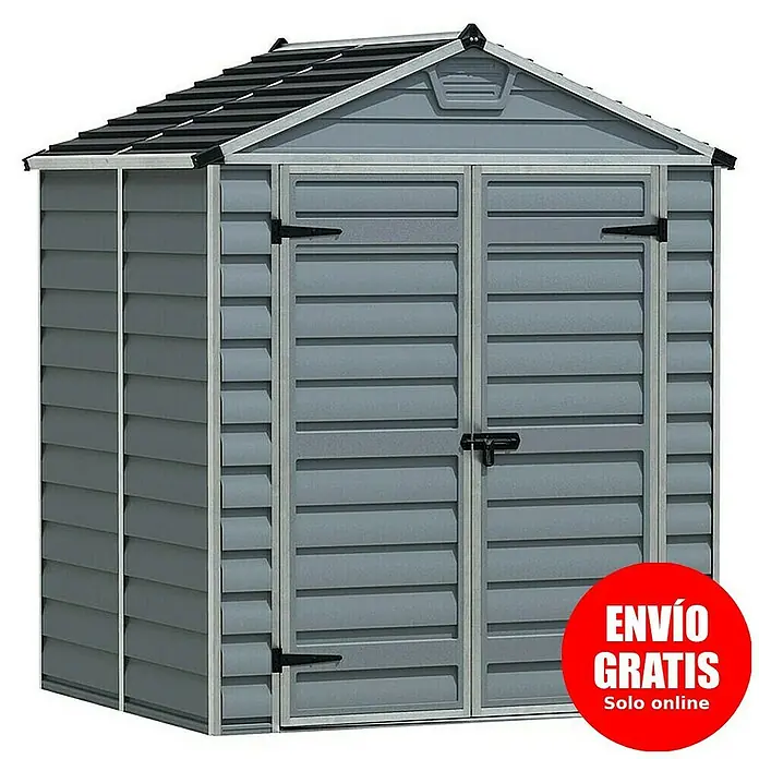 Palram – Canopia Caseta de jardín Skylight - Medidas ext. (An x Pr): 185,5 x 154 cm, Plástico, Antracita/gris - Imagen de un cobertizo de jardín de plástico gris con puertas dobles y techo a dos aguas. Ideal para guardar herramientas y muebles de jardín.