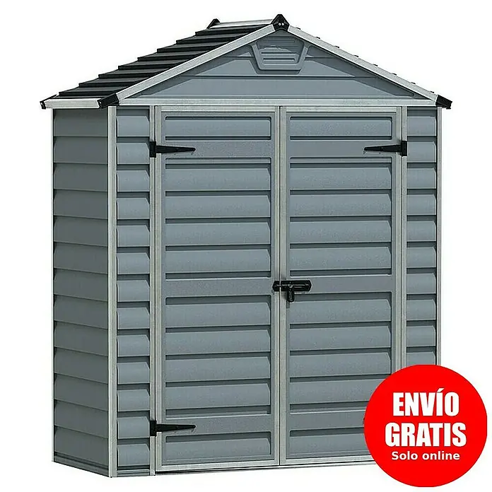 Palram – Canopia Caseta de jardín Skylight - Medidas ext. (An x Pr): 185 x 90 cm, Plástico, Gris oscuro - Caseta de jardín gris con doble puerta y techo a dos aguas. Ideal para guardar herramientas y mobiliario de jardín, resistente a la intemperie y duradera.
