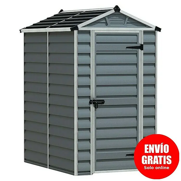Palram – Canopia Caseta de jardín Skylight - Medidas ext. (An x Pr): 121 x 177 cm, Plástico, Gris oscuro - Imagen de un cobertizo de jardín gris con tejado a dos aguas, ideal para el almacenamiento en el jardín. Diseño compacto y robusto para exterior.