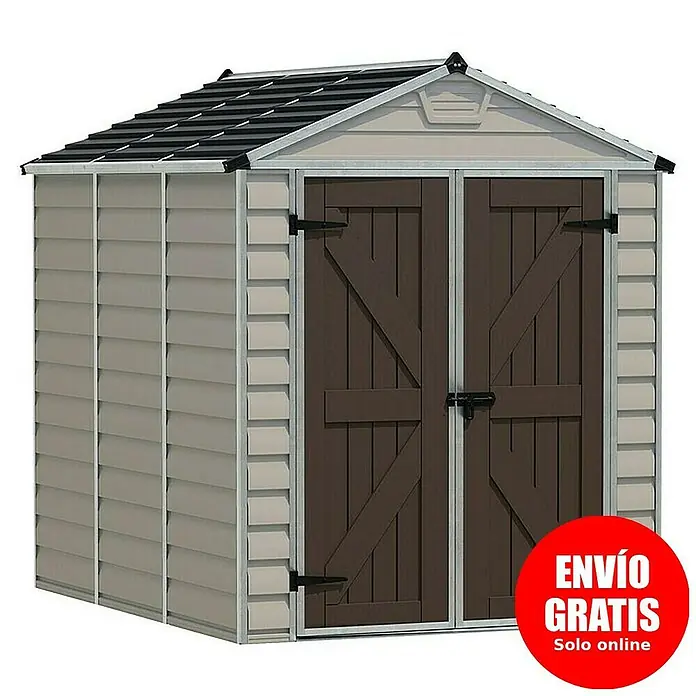 Palram – Canopia Caseta de jardín Skylight - Medidas ext. (An x Pr): 185 x 229 cm, Plástico, Beige/Marrón - Una caseta de jardín de plástico con puertas dobles y techo a dos aguas. Ideal para guardar herramientas y equipos de jardín.