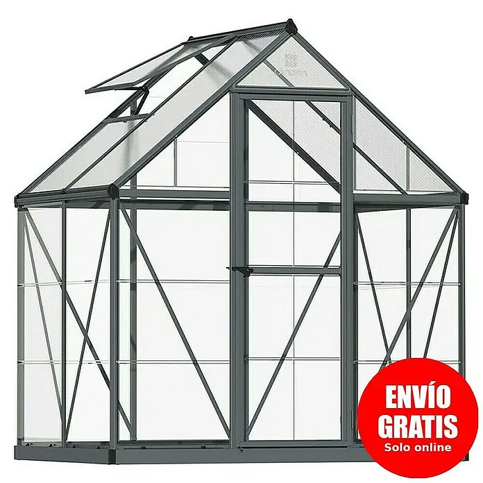 Palram – Canopia Invernadero Hybrid - Medidas ext. (An x Pr): 185 x 126 cm, 0,7 mm, Antracita - Imagen de un invernadero con una puerta y una ventana para ventilación con el texto "Envío gratis".