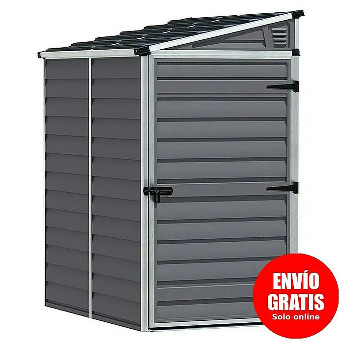 Palram – Canopia Caseta de jardín Skylight - Medidas ext. (An x Pr): 117 x 177 cm, Plástico, Antracita - Imagen de un cobertizo de jardín gris con una línea de techo inclinada, ideal para guardar herramientas de jardinería.