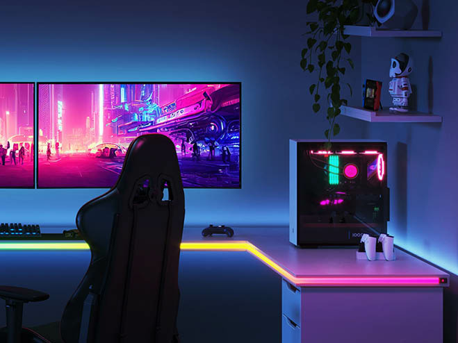 Farbige LED-Streifen an der Kante vom Gaming Schreibtisch