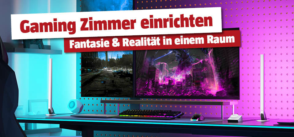 Gaming Computer am Tisch mit türkiser und pinker Hintergrundbeleuchtung, Titel Gaming Zimmer einrichten