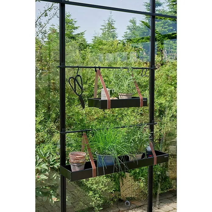Juliana Gewächshaus Jubii 60 - Außenmaß inkl. Dachüberstand (B x T): 368 x 296 cm, Material Seitenwand: Glas, 3 mm, Schwarz - Pflanzregal mit Kräutern und Gartenzubehör an einer Glasscheibe.