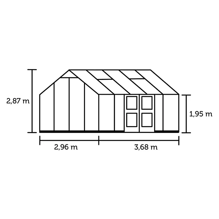 Juliana Gewächshaus Jubii 60 - Außenmaß inkl. Dachüberstand (B x T): 368 x 296 cm, Material Seitenwand: Glas, 3 mm, Schwarz - Abbildung eines Gewächshauses mit Maßangaben für Höhe und Breite zur Verwendung im Garten für den Anbau von Pflanzen.