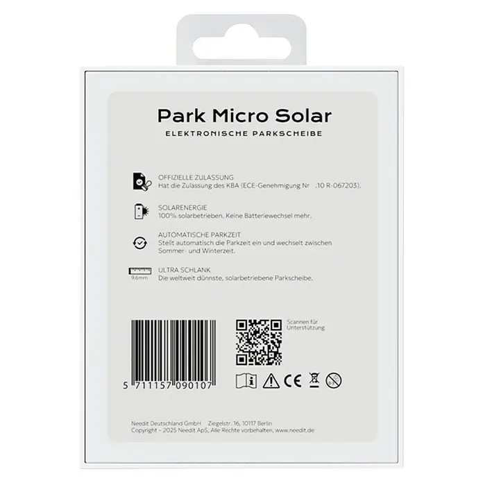 Needit Elektrische Parkscheibe Park Micro Solar - Schwarz, Solarbetrieben - Nahaufnahme der Verpackung für die Park Micro Solar, eine elektronische Parkscheibe, die mit Solarenergie betrieben wird.