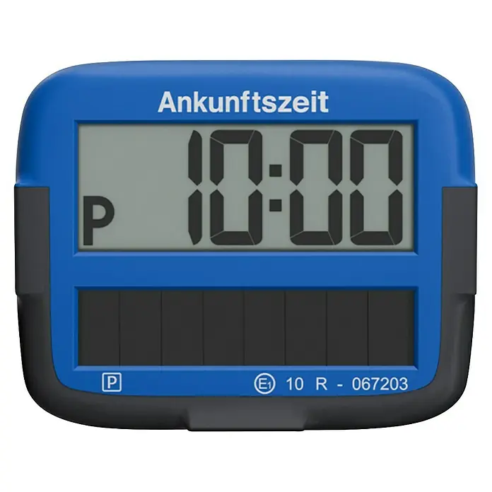 Needit Elektrische Parkscheibe Park Micro Solar - Blau/Schwarz, Solarbetrieben - Blaue Ankunftszeit-Anzeige mit der Aufschrift "Ankunftszeit" und der Uhrzeit "10:00".