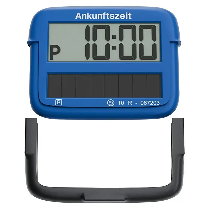 Needit Elektrische Parkscheibe Park Micro Solar - Blau/Schwarz, Solarbetrieben - Blaue elektronische Parkscheibe mit digitaler Anzeige, die 10:00 Uhr und "Ankunftszeit" anzeigt, ideal für Autos.