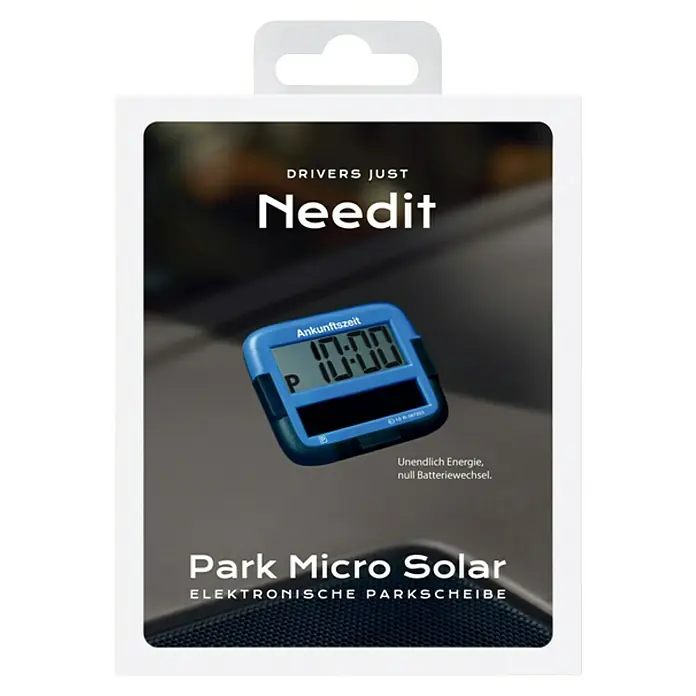 Needit Elektrische Parkscheibe Park Micro Solar - Blau/Schwarz, Solarbetrieben - Anzeige für die elektronische Parkscheibe Park Micro Solar mit Ankunftszeit und dem Slogan "Unendlich Energie, null Batteriewechsel".