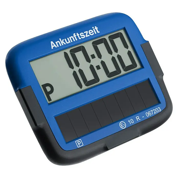 Needit Elektrische Parkscheibe Park Micro Solar - Blau/Schwarz, Solarbetrieben - Blaue Ankunftszeituhr mit digitaler Anzeige, die 10:00 anzeigt, ideal für Reiseplanung und Zeitmanagement.
