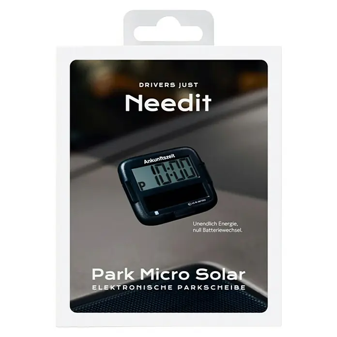 Needit Elektrische Parkscheibe Park Micro Solar - Schwarz, Solarbetrieben - Produktbild der Park Micro Solar elektronischen Parkscheibe von Needit. Unendlich Energie, null Batteriewechsel.