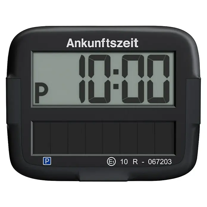 Needit Elektrische Parkscheibe Park Micro Solar - Schwarz, Solarbetrieben - Parkuhr mit der Anzeige "Ankunftszeit 10:00", ein nützliches Produkt für Autofahrer zur Parkzeitüberwachung.
