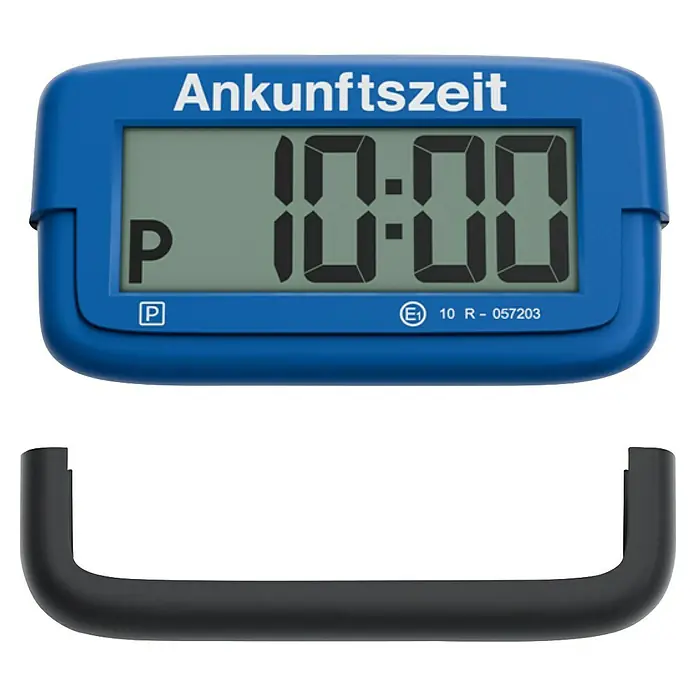 Needit Parkscheibe Automatisch Park Micro - Batterietyp: CR2032 - Elektronische Parkscheibe mit digitaler Anzeige und dem Wort "Ankunftszeit" in Blau.