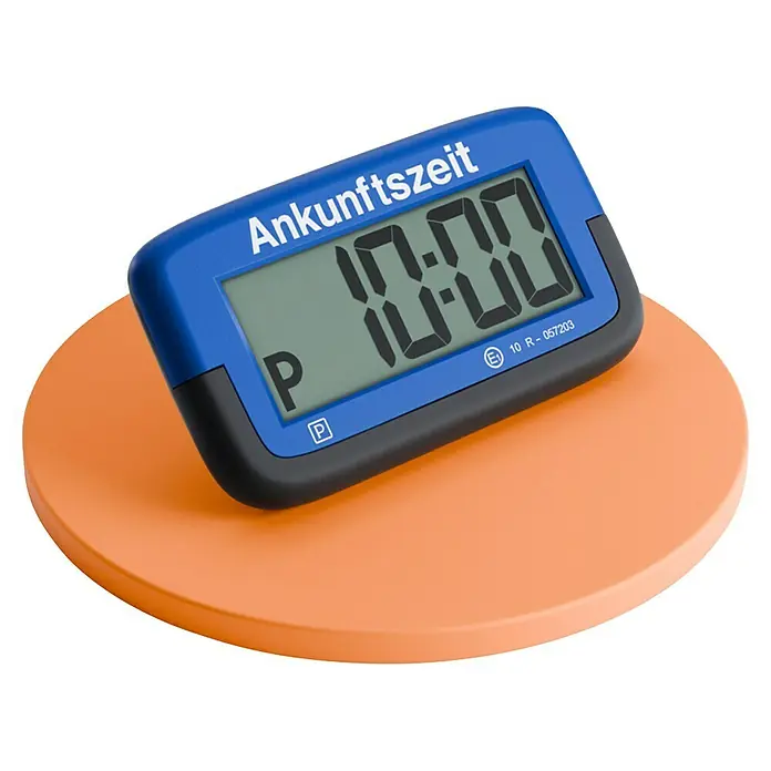 Needit Parkscheibe Automatisch Park Micro - Batterietyp: CR2032 - Blaue Parkscheibe mit digitaler Anzeige "10:00" auf orangefarbener Oberfläche.