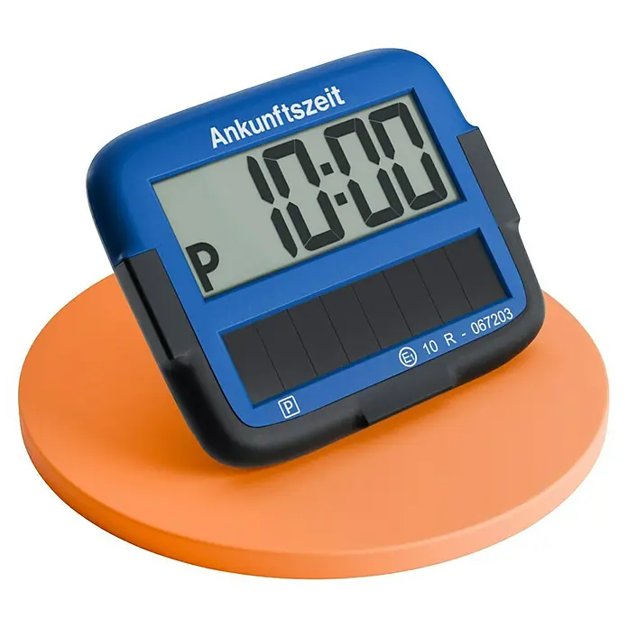 Needit Elektrische Parkscheibe Park Micro Solar - Blau/Schwarz, Solarbetrieben - Digitaler Ankunftszeit-Timer in Blau und Schwarz auf einem orangefarbenen Sockel. Das Display zeigt 10:00 an.