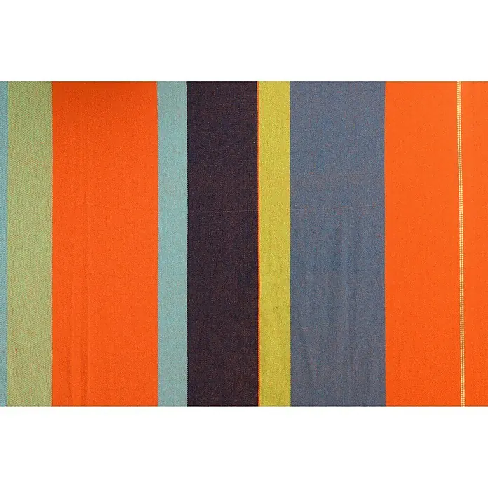 Amazonas Doppelhängematte Colombiana - L x B: 350 x 160 cm, Mandarina - Nahaufnahme von farbigen Streifen auf einem Stoff. Das Muster besteht aus Orange, Blau, Grün und Gelb.