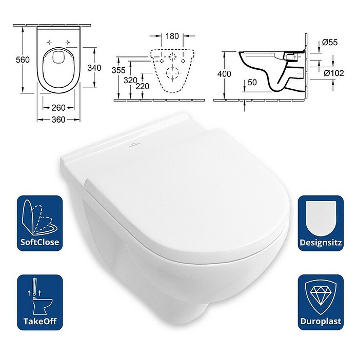 Villeroy & Boch Set za stenski WC Targa Style  (Izpiranje brez roba, Brez posebne glazure, Oblika splakovanja: Globok, WC odtok: Vodoravno, Bela) | 3943 - WC Wand Marke | DBBA - Keramik Marke | DBB - Keramik | DB - Keramik/Wannen | D - Sanitär | BAUHAUS