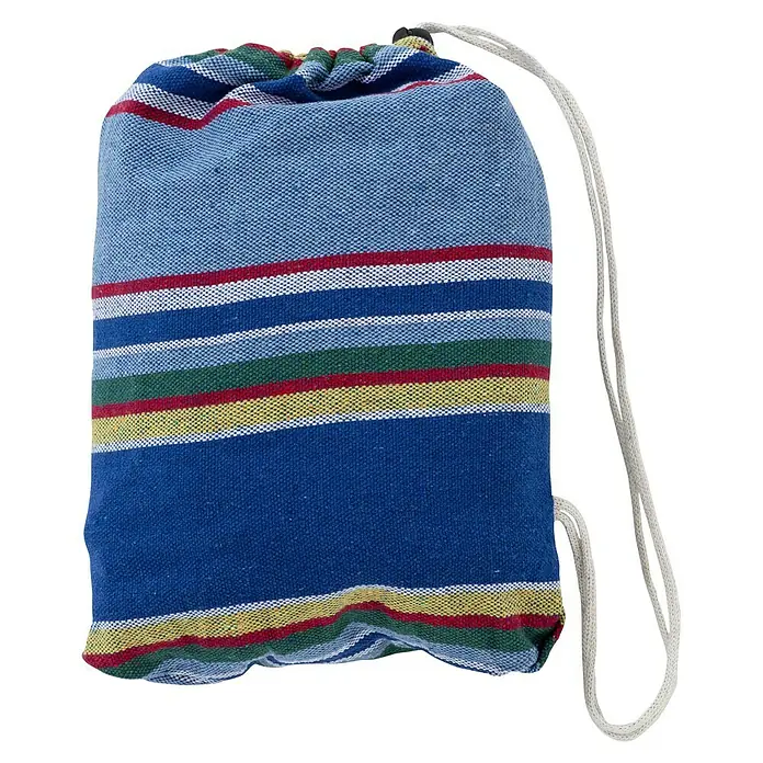 Amazonas Hängematte Tahiti Ocean - Blau, Länge: 310 cm - Eine blaue Stofftasche mit bunten Streifen und einem weißen Kordelzug, ideal für den täglichen Gebrauch.