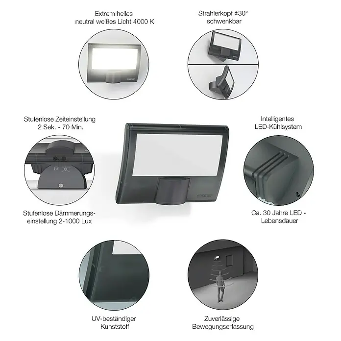 Steinel LED-Sensor-Strahler XLED home Curved S anthrazit - 9,3 W, L x B x H: 16 x 10,7 x 12 cm, Anthrazit, IP44 - Produktbild einer Steinel-Außenleuchte mit verschiedenen Produkteigenschaften hervorgehoben.