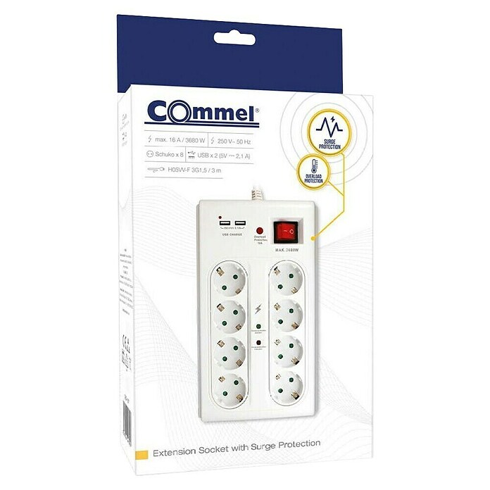 Commel Produžni kabel s utičnicama  (Bijela, Maksimalna priključna snaga: 3.500 W) | BAUHAUS