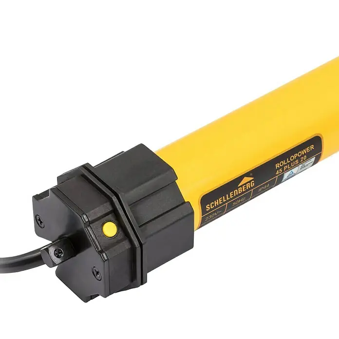 Schellenberg Rohrmotor Maxi Plus 20Max. Rollladenfläche: 8,5 m² bei Kunststoffrollläden, Einbaulänge: 555 mm, Zugkraft: 34 kg - Nahaufnahme eines Schellenberg RolloPower 45 Plus 20 Rolladenmotors in Gelb und Schwarz.