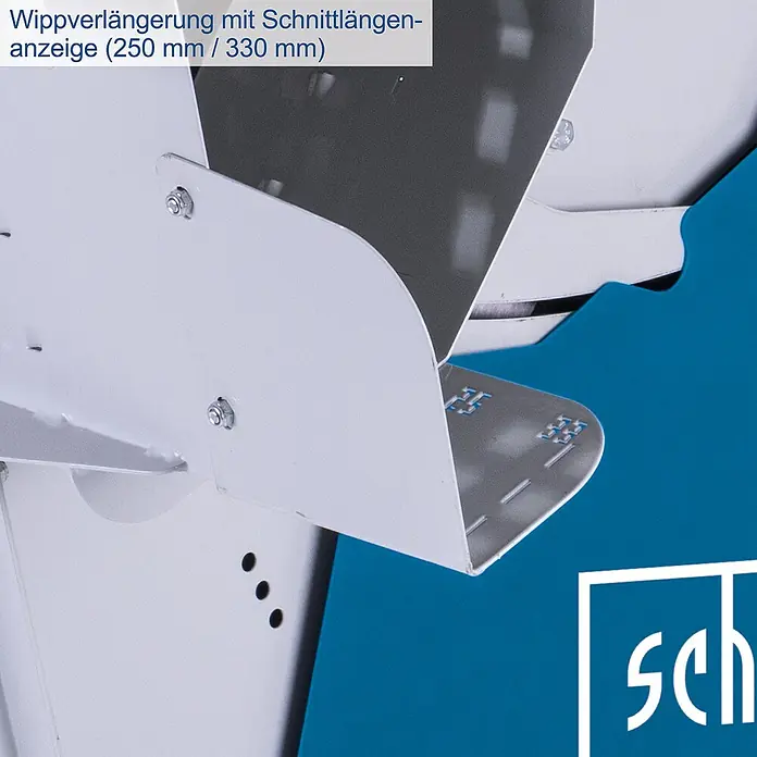 Scheppach Wippkreissäge HS550 - 3.000 W, Durchmesser Sägeblatt: 505 mm, Bohrung Sägeblatt: 30 mm - Detailansicht einer Wippverlängerung mit Schnittlängenanzeige (250 mm / 330 mm), Teil einer Sägevorrichtung.