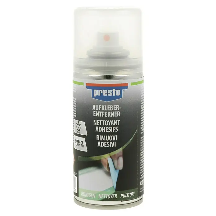 Presto Aufkleber-Kleberesteentferner - Farblos, 150 ml - Dose Presto Aufkleber-Entferner, ein Reinigungsspray zur effektiven Beseitigung von Kleberesten. Ideal für Oberflächenreinigung mit Citrusreiniger.