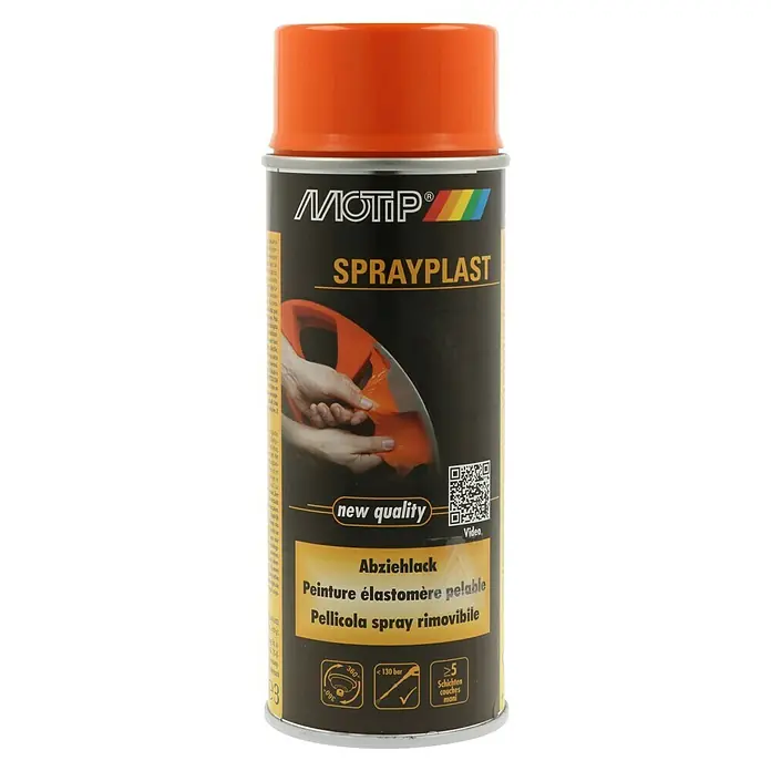 Motip Abziehlack Sprayplast - Orange, Seidenglänzend, 400 ml - Abziehbare Sprayplast-Sprühfolie von MOTIP mit den Aufschriften 'Sprayplast', 'new quality', 'Abziehlack' und einem QR-Code.