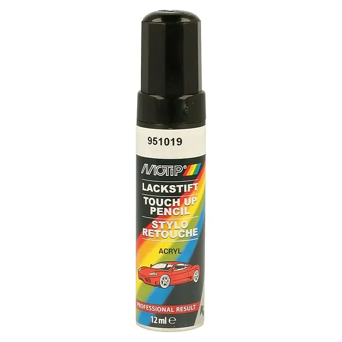Motip Lackstift - 951019 Grau Metallic, 12 ml - Abbildung eines Lackstiftes mit schwarzem Deckel, der für professionelle Lackausbesserungen entwickelt wurde.