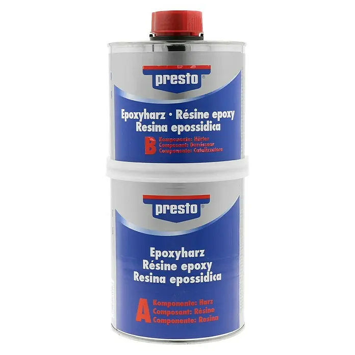 Presto Epoxyharz - Farblos, 1.000 g - Zwei Dosen Presto Epoxidharz, Komponente A und B, zum Mischen für Reparaturen und zum Kleben im Haushalt oder in der Werkstatt.