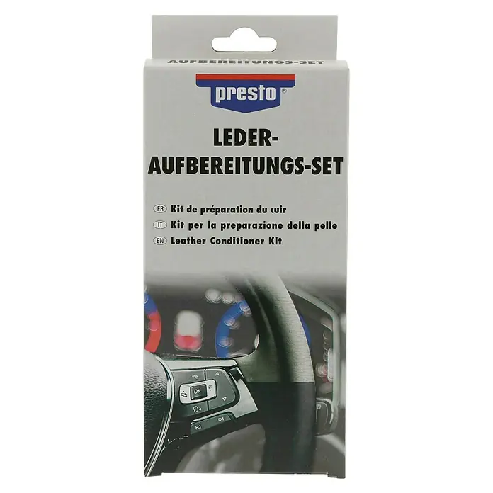 Presto Lederpflege Aufbereitungs-Set - Farblos, 30 ml, 5 -tlg. - Produktverpackung Presto Lederaufbereitungsset mit Abbildung eines Lenkrads.