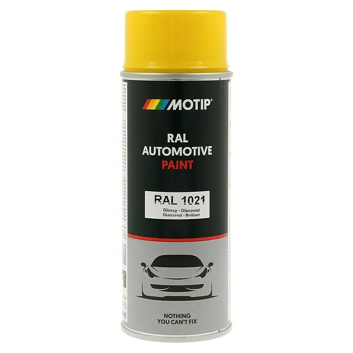 Motip Sprühlack - RAL 1021, Glänzend, 400 ml - Abbildung einer Sprühdose Motip RAL 1021 Automobil-Lack in glänzendem Gelb mit dem Slogan "Nichts, was man nicht reparieren kann".