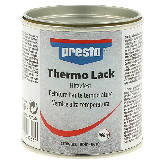 Presto Thermolack - Schwarz, 250 ml - Thermo Lack Hitzefest: Hitzebeständiger Speziallack für Auspuffe, Grills und Öfen bis 600°C, erhältlich in Schwarz.