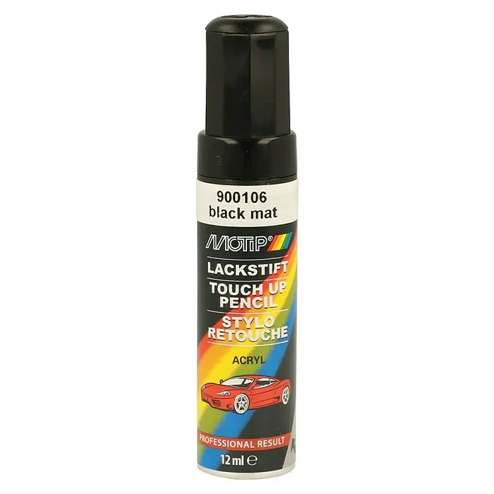 Motip Lackstift - Schwarz, Matt, 12 ml - Schwarzer, matter Lackstift von MOTIP zur Ausbesserung von Lackschäden an Fahrzeugen, inklusive rotem Sportwagen auf der Verpackung.