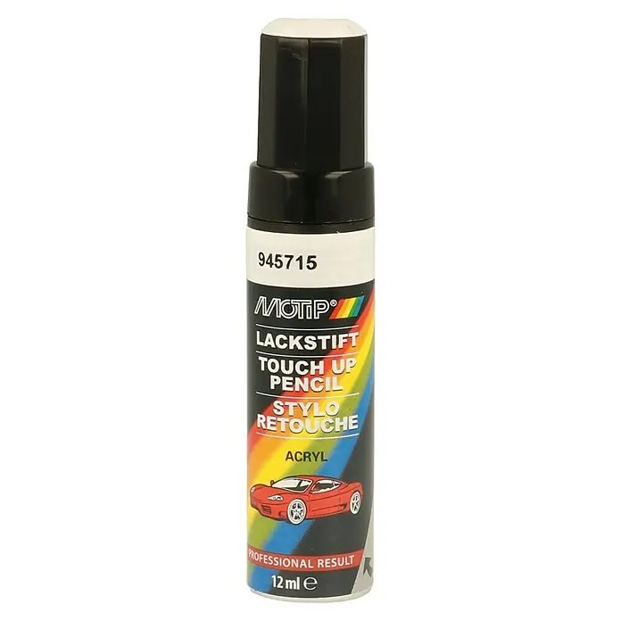 Motip Lackstift - 945715 Weiss, Glänzend, 12 ml - Bild von einem MoTip Lackstift zur Ausbesserung von Autolackschäden, ideal für professionelle Ergebnisse mit 12 ml Inhalt.