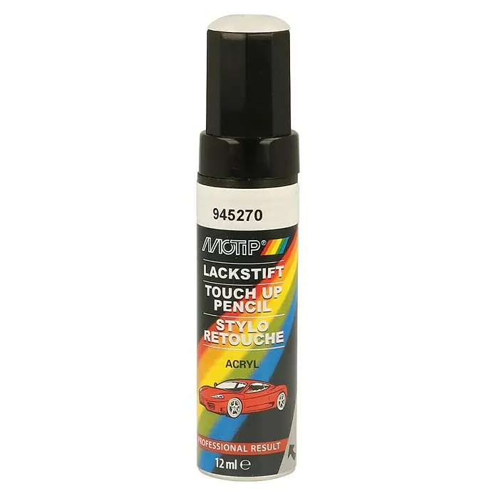 Motip Lackstift - 945270 Weiss, Glänzend, 12 ml - Motip Lackstift zur Ausbesserung kleiner Lackschäden mit rotem Auto auf dem Etikett für professionelle Ergebnisse.