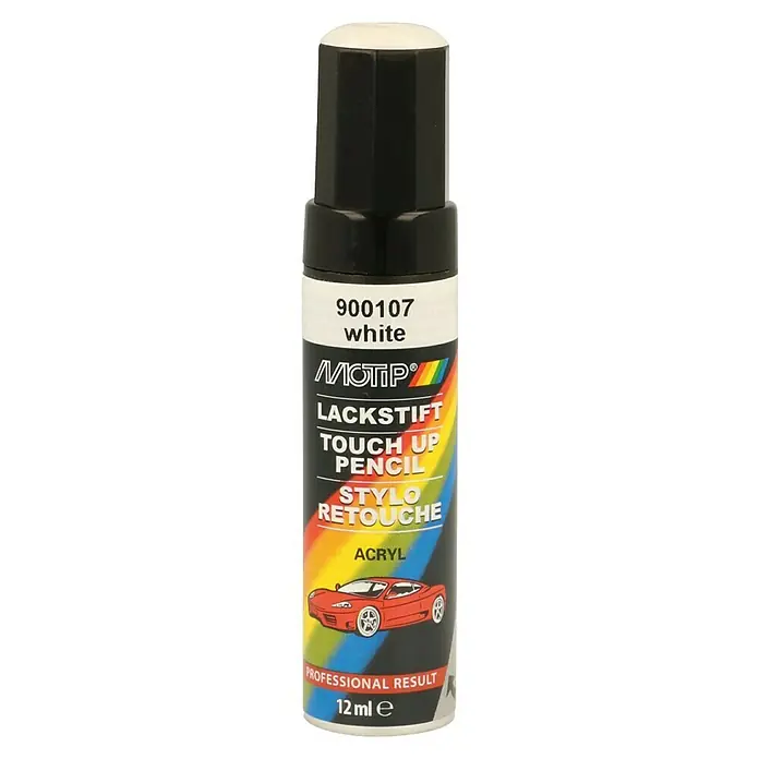 Motip Lackstift - Weiss, 12 ml, Glänzend - Abbildung eines MoTip Lackstiftes in Weiß (900107) zum Ausbessern von Lackschäden an Autos. Der Lackstift hat 12 ml Inhalt und sorgt für professionelle Ergebnisse.