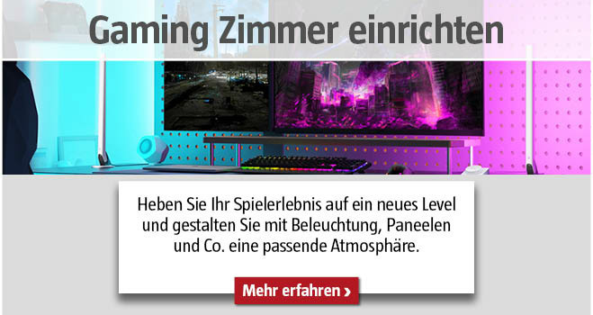 Gaming PC mit pinkem und türkisem Licht, Titel Gaming Zimmer einrichten