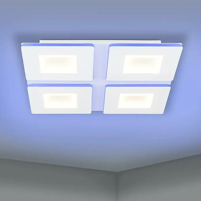 Eglo LED-Deckenleuchte Padrogiano - L x B x H: 450 x 450 x 50 mm, Kaltweiß, Kunststoff, Dimmbar - Quadratische Deckenleuchte mit vier Lichtquellen, modernes Design und blauer Akzentbeleuchtung für ein stilvolles Ambiente.