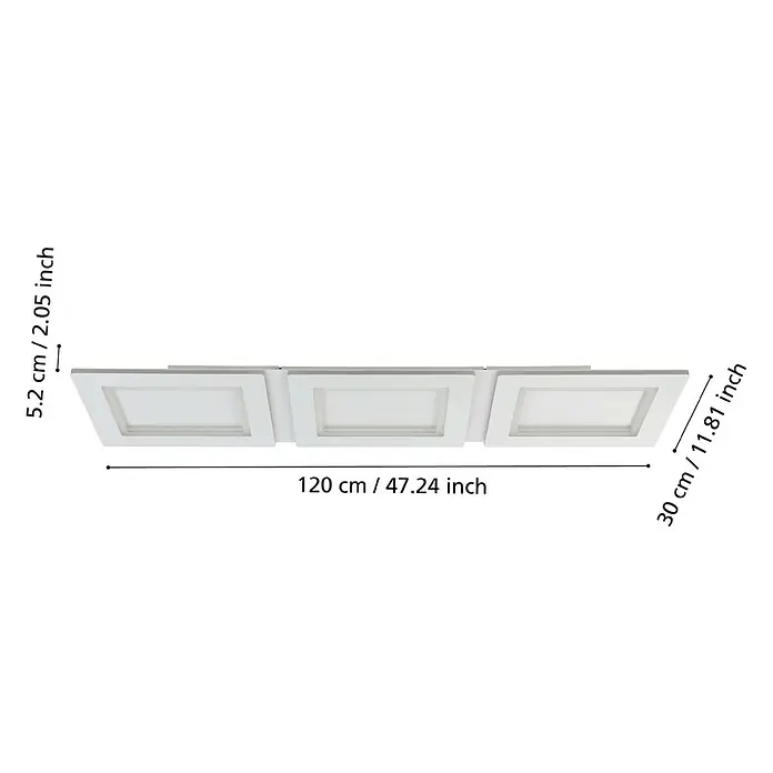 Eglo LED-Deckenleuchte Padrogiano - L x B x H: 1.200 x 300 x 50 mm, Kaltweiß, Kunststoff, Dimmbar - Deckenleuchte mit drei quadratischen LED-Panels in Weiß, Maße: 120 cm breit, 30 cm tief und 5,2 cm hoch.