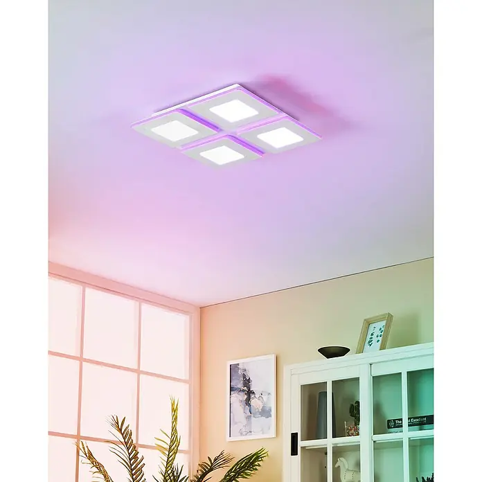 Eglo LED-Deckenleuchte Padrogiano - L x B x H: 450 x 450 x 50 mm, Kaltweiß, Kunststoff, Dimmbar - Deckenleuchte mit vier quadratischen LED-Panels in einem modernen Design, die eine helle und farbenfrohe Beleuchtung bietet.