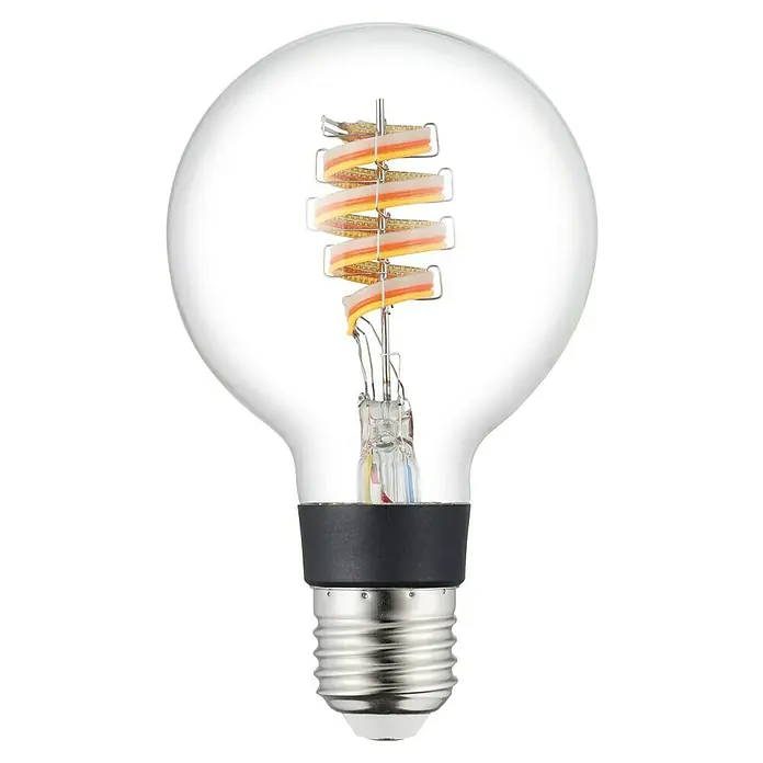 Eglo connect.z Smart-LED-Lampe - E27, Dimmbar, RGBW, 5 W, 400 lm, G80, 1 Stk. - Nahaufnahme einer Edison-Glühbirne mit spiralförmigem Glühfaden und klarem Glaskolben, die ein warmes, dekoratives Licht ausstrahlt.