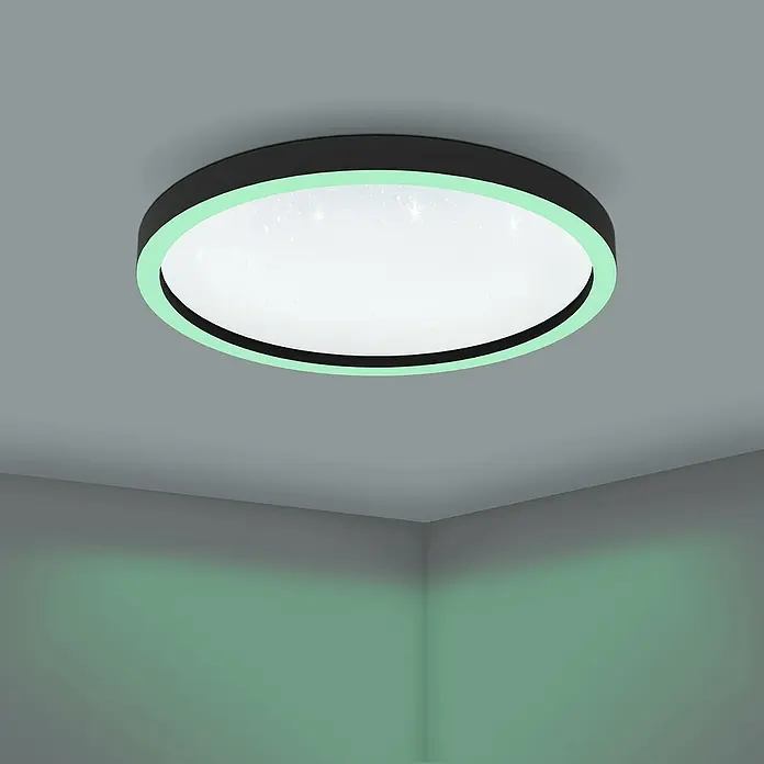 Eglo Smart-LED-Deckenleuchte rund Kristalleffekt - Ø x H: 57 x 7 cm, 34,5 W, RGBW, Schwarz - Eine moderne, runde LED-Deckenleuchte mit einem schwarzen Rand und grüner Beleuchtung, die ein angenehmes Raumlicht erzeugt.